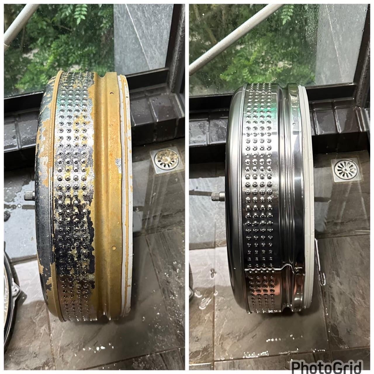 洗衣機槽清洗前呈現積年累月的污垢，這些污垢會導致衣服洗不乾淨、洗衣機運轉時出現耗損。而經過專業清洗後的洗衣槽，不只恢復清潔度、還閃閃發亮像新的一樣！